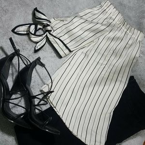 White & black pinstripe off the shoulder satin top